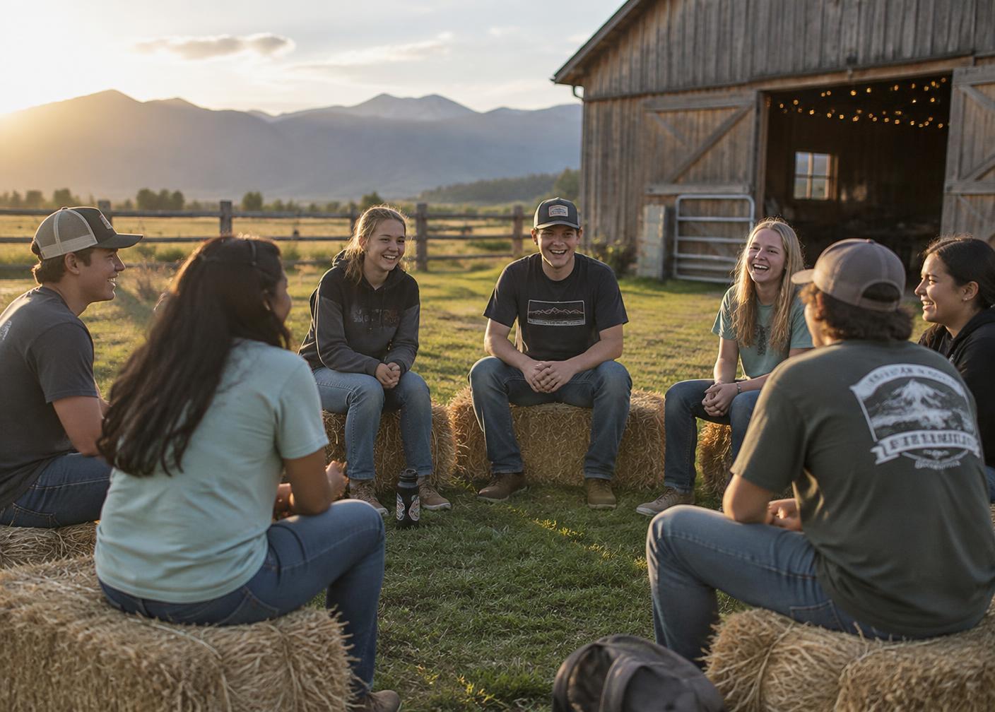 A youth group sitting in a circle on hay bales outside a barn during a facilitated reflection