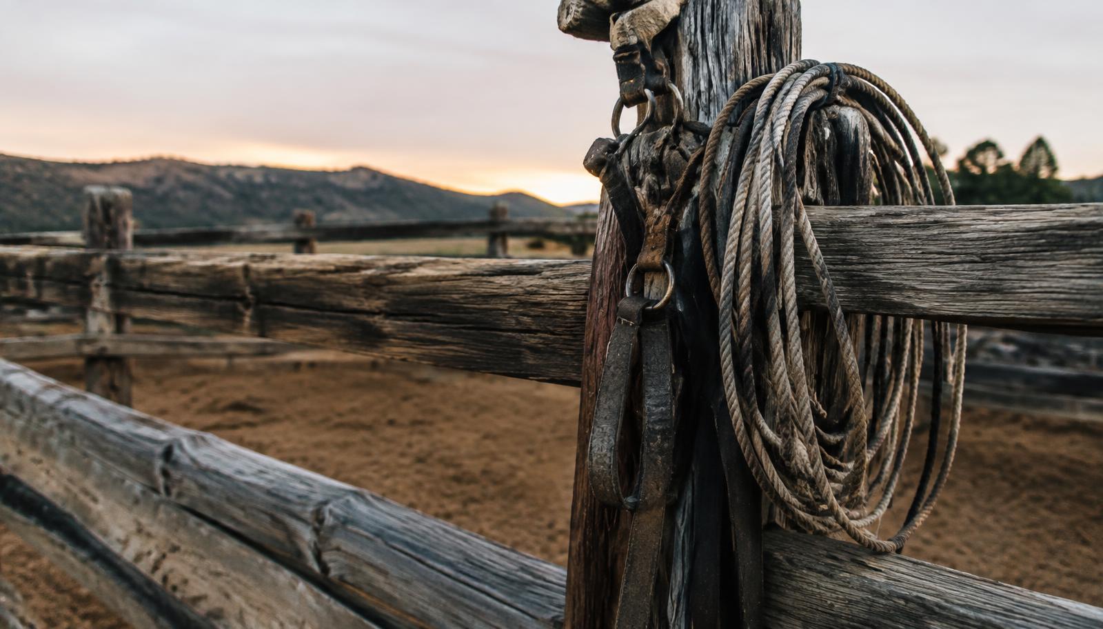 Weathered arena fence rails with a coiled rope and leather tack hanging from a post at dusk