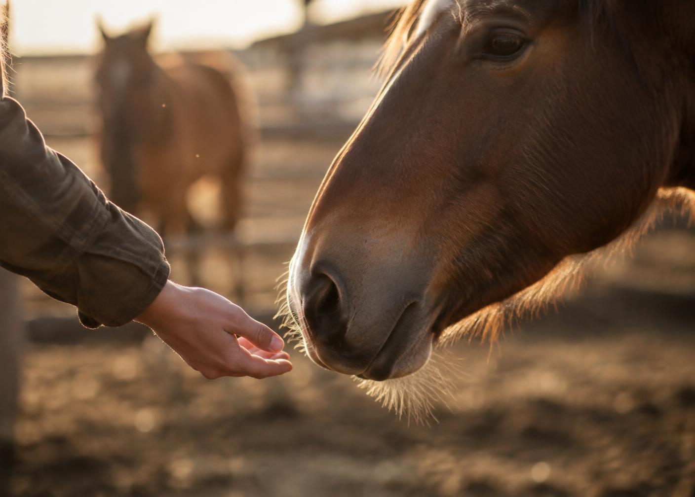 A participant holds out an open hand toward a horse's muzzle during a ground-based activity